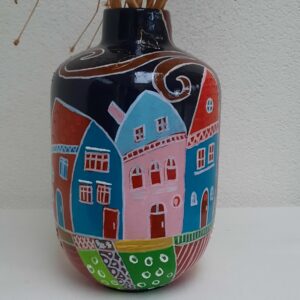 Schilderij op vaas/ Huisjes op een rij